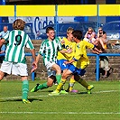 Filip Houštecký se snaží proniknout přes 2 teplické hráče. Přihlíží J. Grohmann (9).