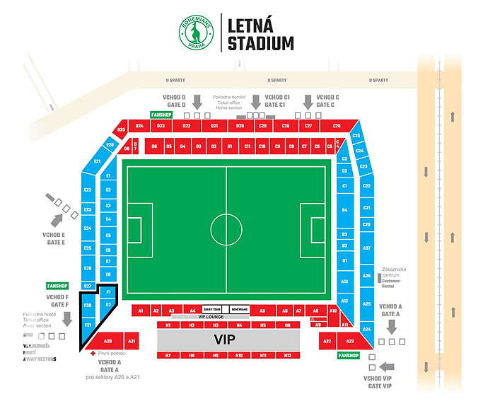 Plánek stadionu Letná pro zápas Bohemians v UECL