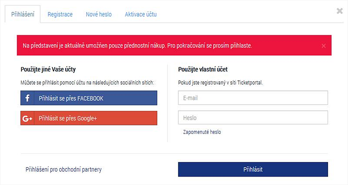 Přihlašte se do svého Ticketportalu, nebo si vytvořte registraci.